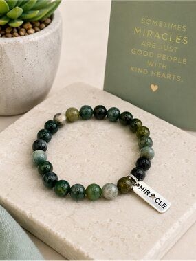 Hand Crafted Green Moss Agate Beaded Bracelet with 'MIRACLE' Charm